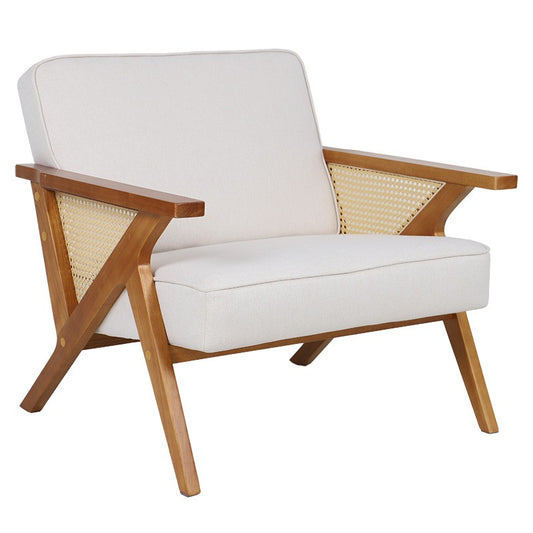 Fauteuil Claudia tissu beige-pvc rotin-hévéa naturel