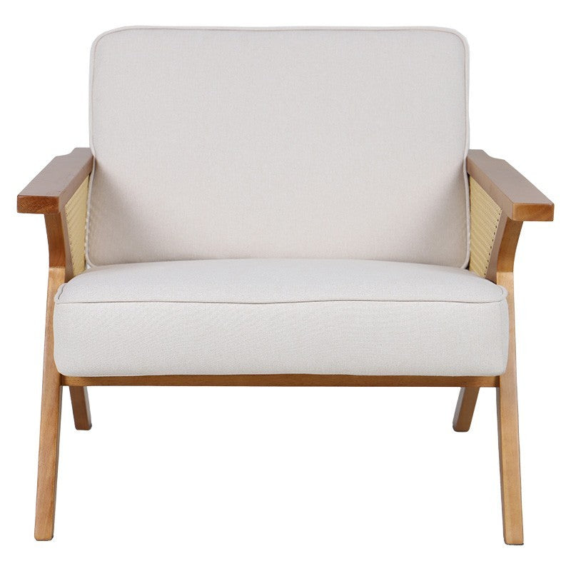 Fauteuil Claudia tissu beige-pvc rotin-hévéa naturel