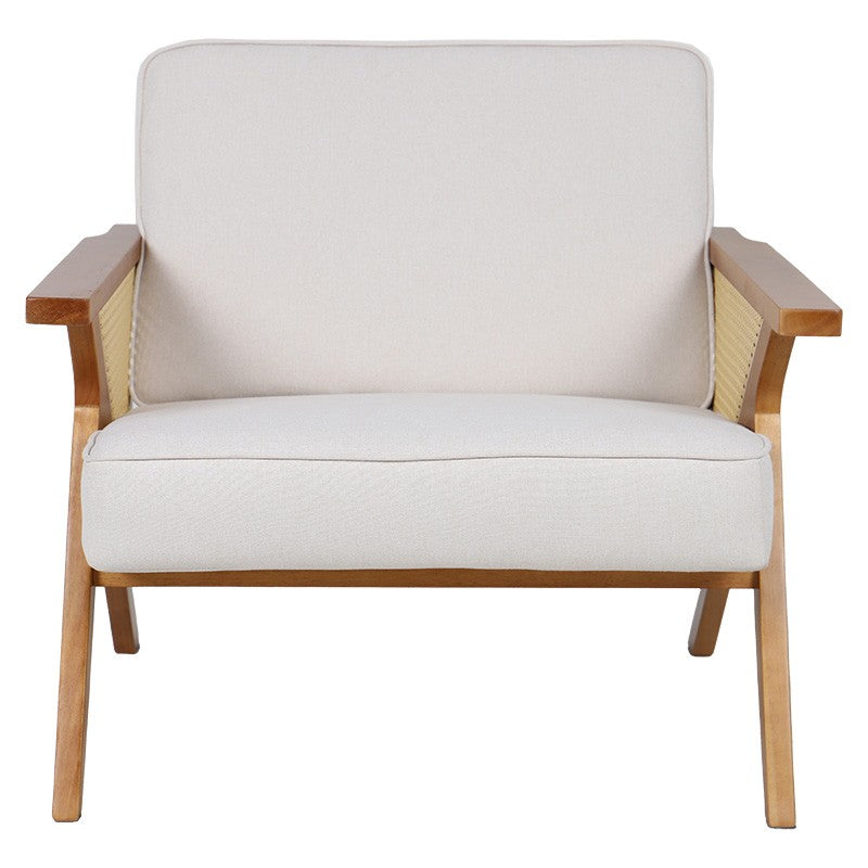Fauteuil Claudia tissu beige-pvc rotin-hévéa naturel