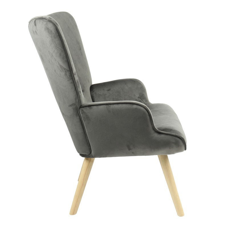 Fauteuil Fluffy tissu velours gris foncé-pied naturel 75x69x96cm