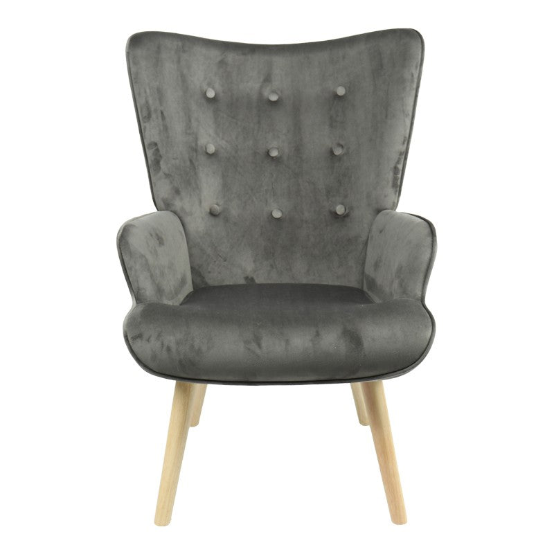 Fauteuil Fluffy tissu velours gris foncé-pied naturel 75x69x96cm