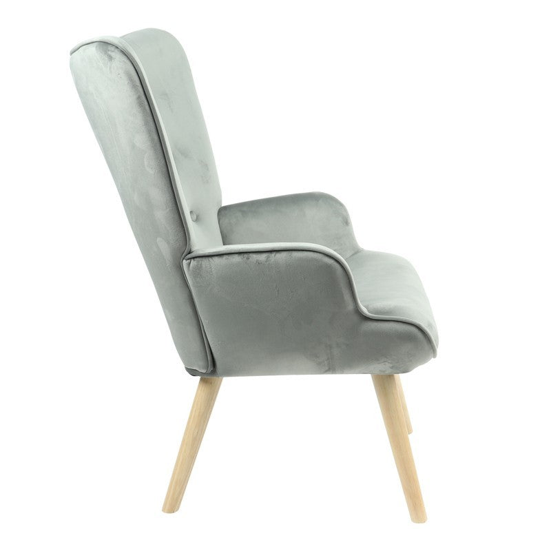 Fauteuil Fluffy tissu velours gris-pied naturel 75x69x96cm