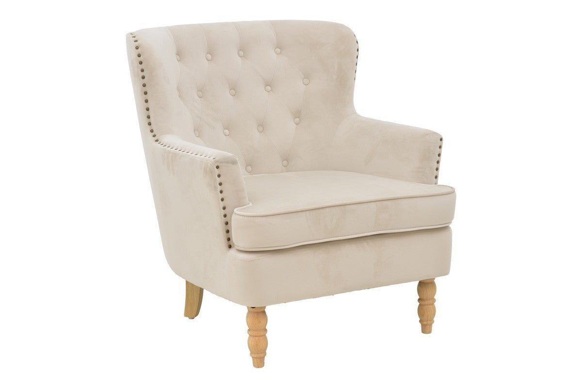 Fauteuil Keisi Blanc velours crème pied bois naturel 81,5x84x92,5 cm