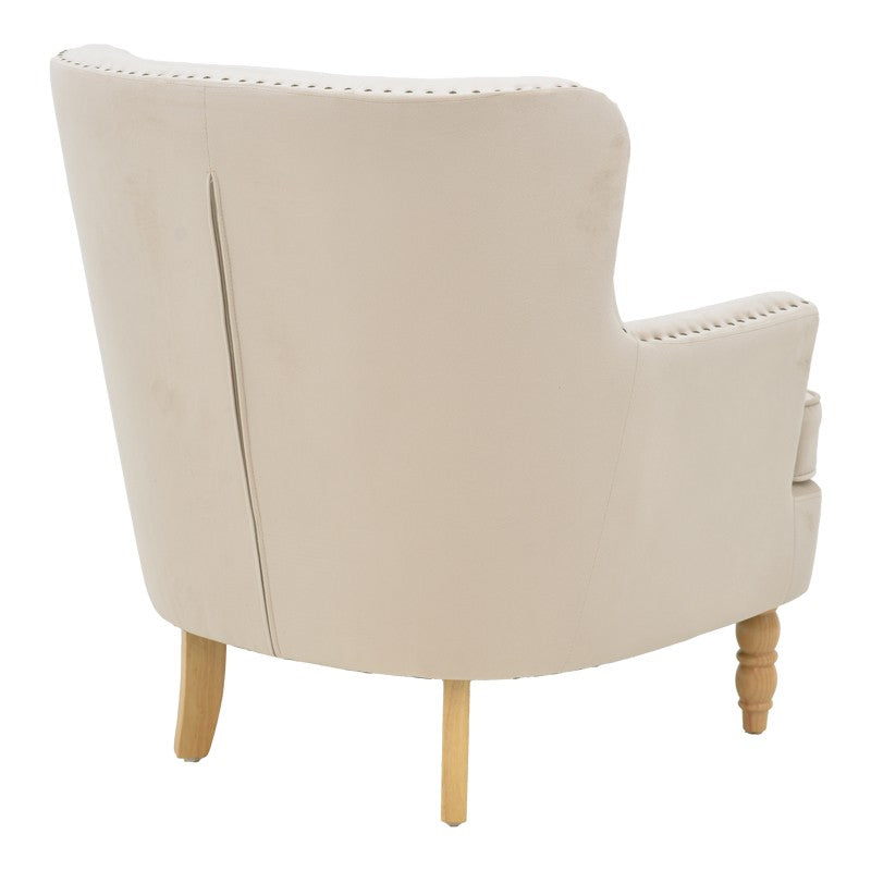 Fauteuil Keisi Blanc velours crème pied bois naturel 81,5x84x92,5 cm