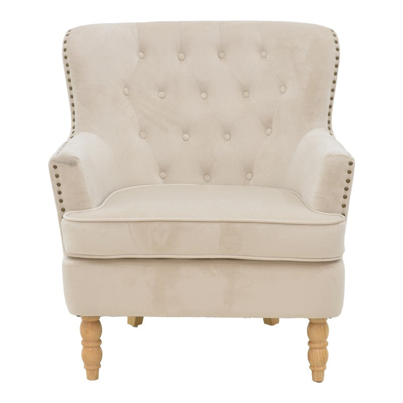 Fauteuil Keisi Blanc velours crème pied bois naturel 81,5x84x92,5 cm