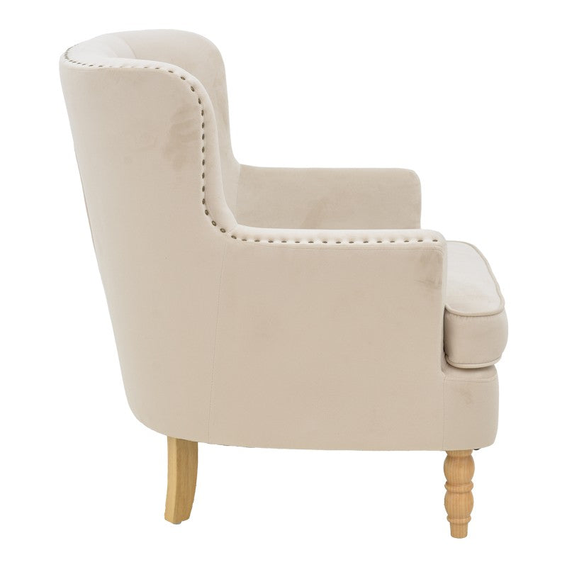 Fauteuil Keisi Blanc velours crème pied bois naturel 81,5x84x92,5 cm