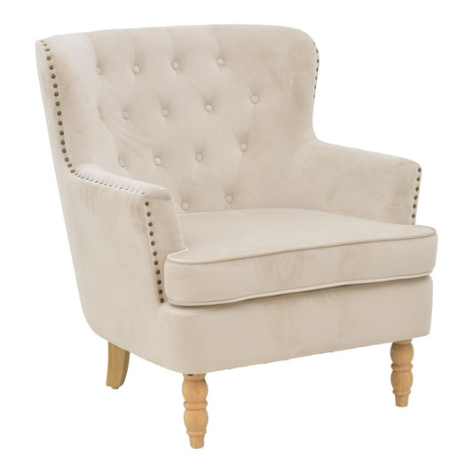 Fauteuil Keisi Blanc velours crème pied bois naturel 81,5x84x92,5 cm
