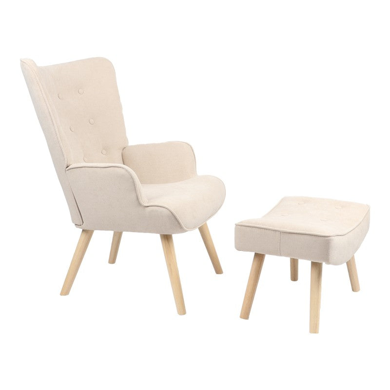 Fauteuil avec repose-pieds Vivienne tissu beige-pied naturel 75x69x96cm