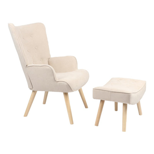 Fauteuil avec repose-pieds Vivienne tissu beige-pied naturel 75x69x96cm