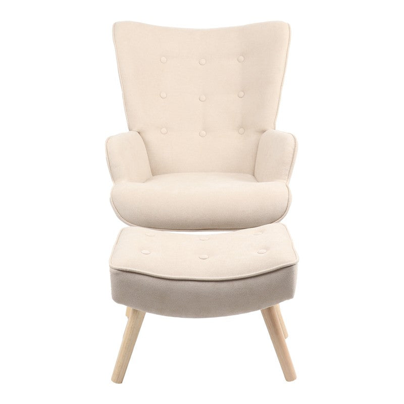 Fauteuil avec repose-pieds Vivienne tissu beige-pied naturel 75x69x96cm