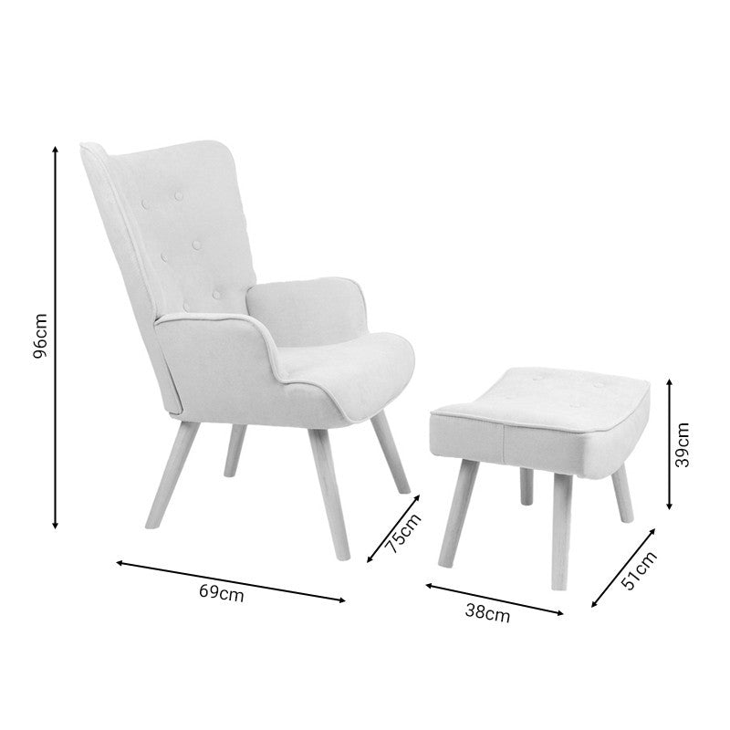Fauteuil avec repose-pieds Vivienne tissu gris clair-pied naturel 75x69x96cm