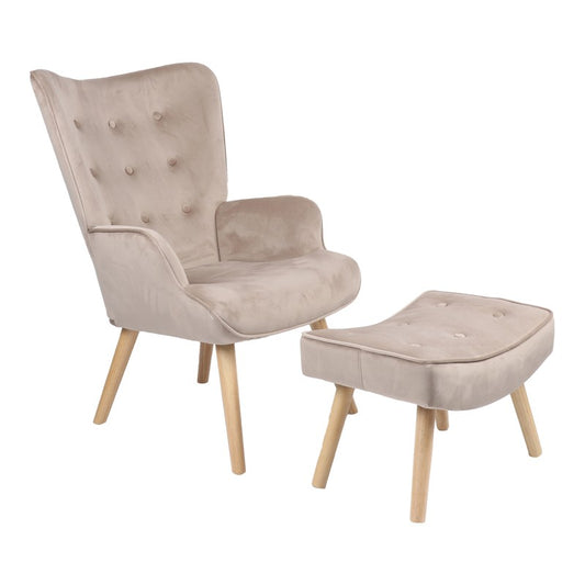 Fauteuil avec repose-pieds Vivienne tissu velours beige-pied naturel 75x69x96cm