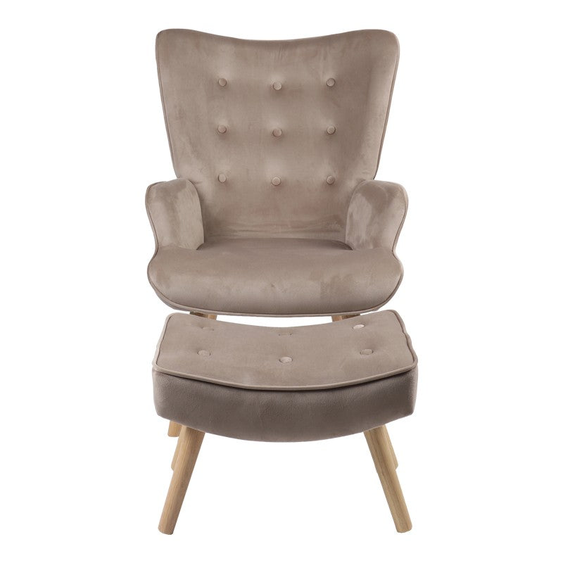 Fauteuil avec repose-pieds Vivienne tissu velours beige-pied naturel 75x69x96cm
