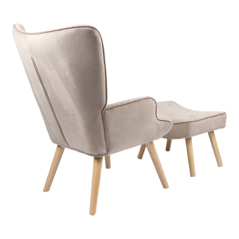 Fauteuil avec repose-pieds Vivienne tissu velours beige-pied naturel 75x69x96cm