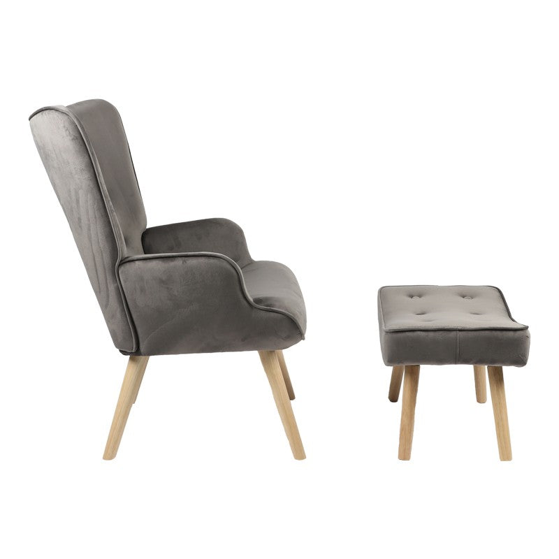 Fauteuil avec repose-pieds Vivienne tissu velours gris foncé-pied naturel 75x69x96cm