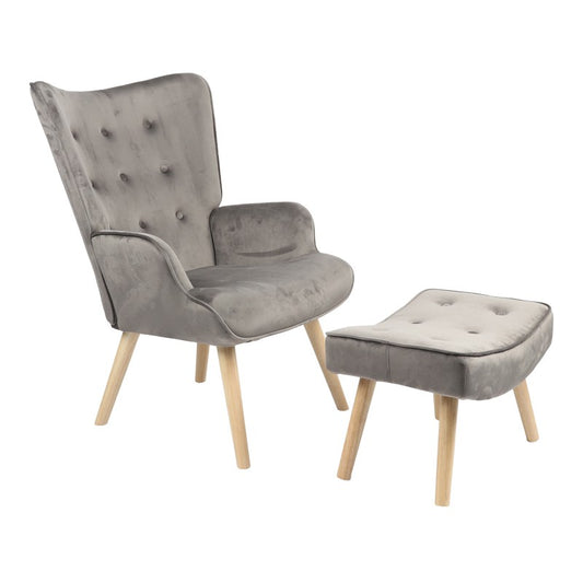 Fauteuil avec repose-pieds Vivienne tissu velours gris foncé-pied naturel 75x69x96cm
