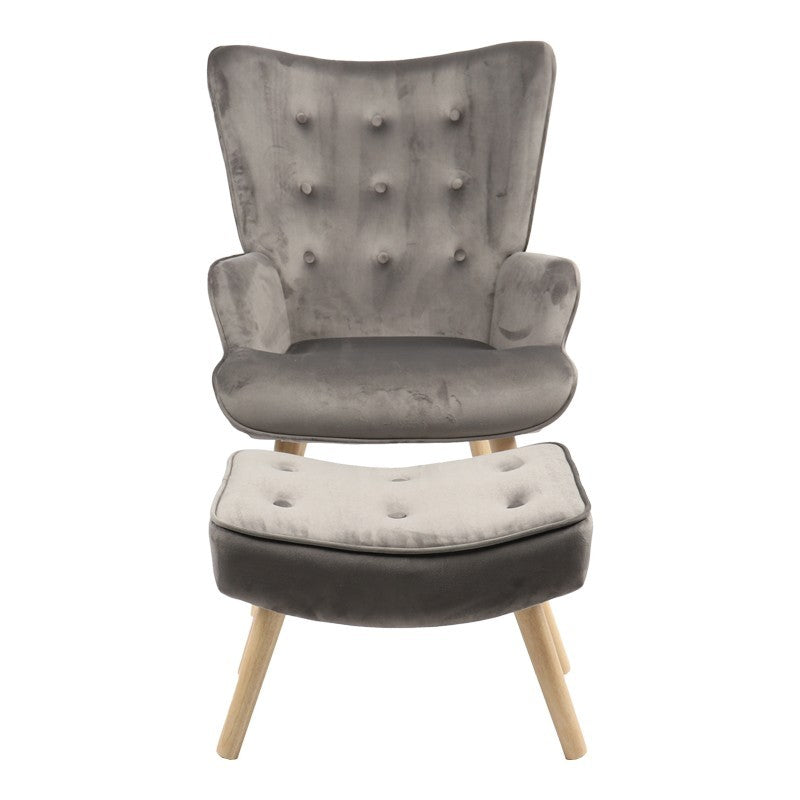 Fauteuil avec repose-pieds Vivienne tissu velours gris foncé-pied naturel 75x69x96cm