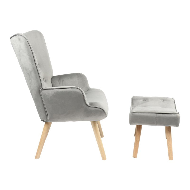 Fauteuil avec repose-pieds Vivienne tissu velours gris-pied naturel 75x69x96cm