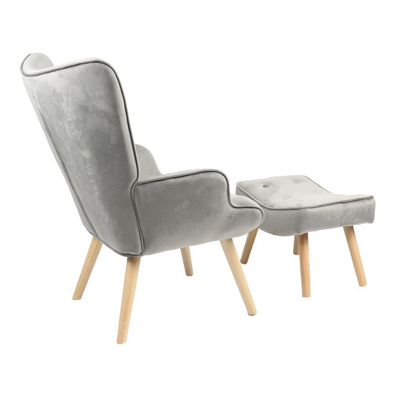 Fauteuil avec repose-pieds Vivienne tissu velours gris-pied naturel 75x69x96cm