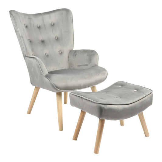 Fauteuil avec repose-pieds Vivienne tissu velours gris-pied naturel 75x69x96cm