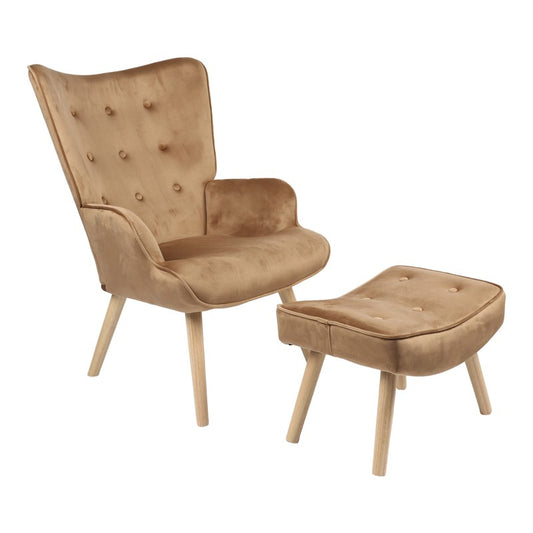 Fauteuil avec repose-pieds Vivienne tissu velours taupe-pied naturel 75x69x96cm