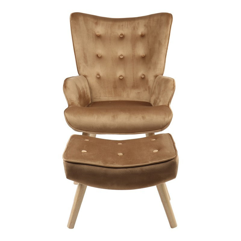Fauteuil avec repose-pieds Vivienne tissu velours taupe-pied naturel 75x69x96cm