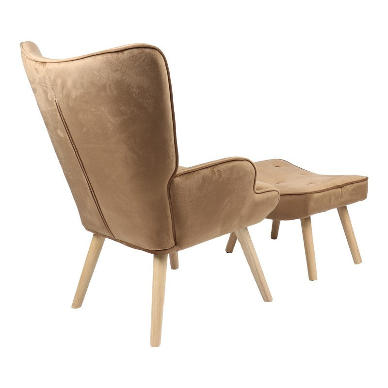 Fauteuil avec repose-pieds Vivienne tissu velours taupe-pied naturel 75x69x96cm