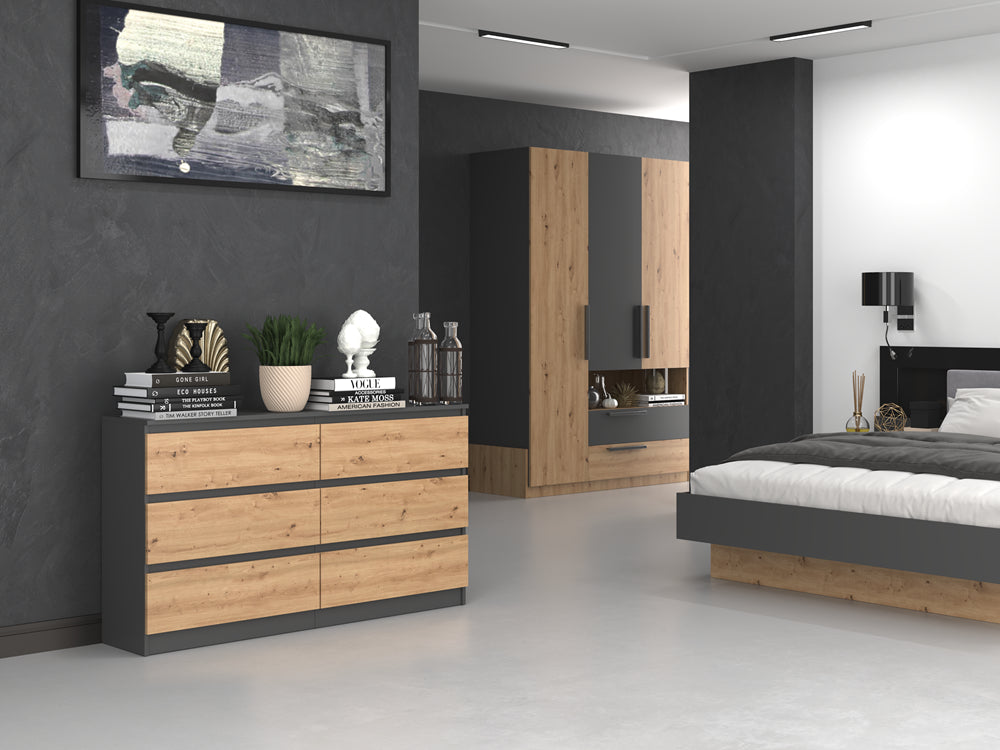 Commode IRINA 6 tiroirs 138 x75 x 40 cm Gris Bois