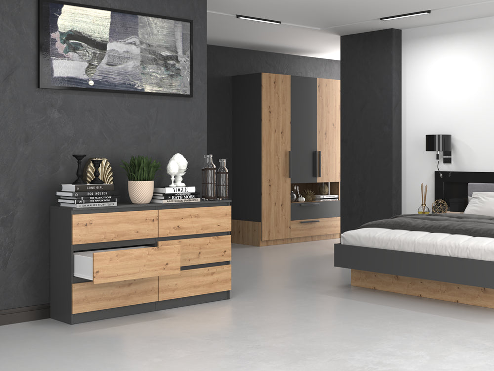 Commode IRINA 6 tiroirs 138 x75 x 40 cm Gris Bois