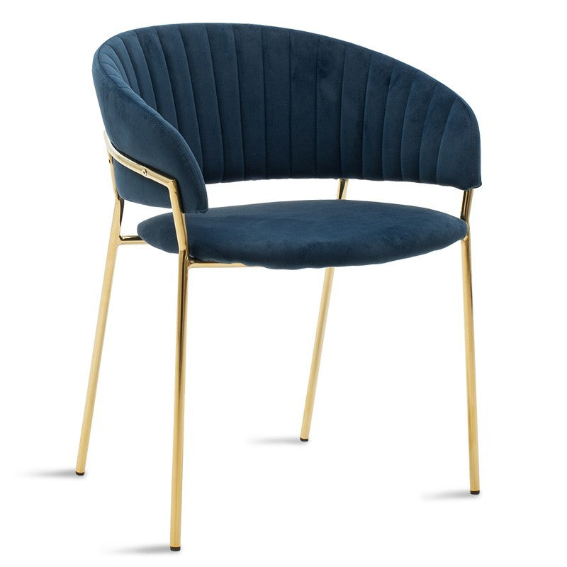 Fauteuil métallique Maggie doré brillant avec velours bleu