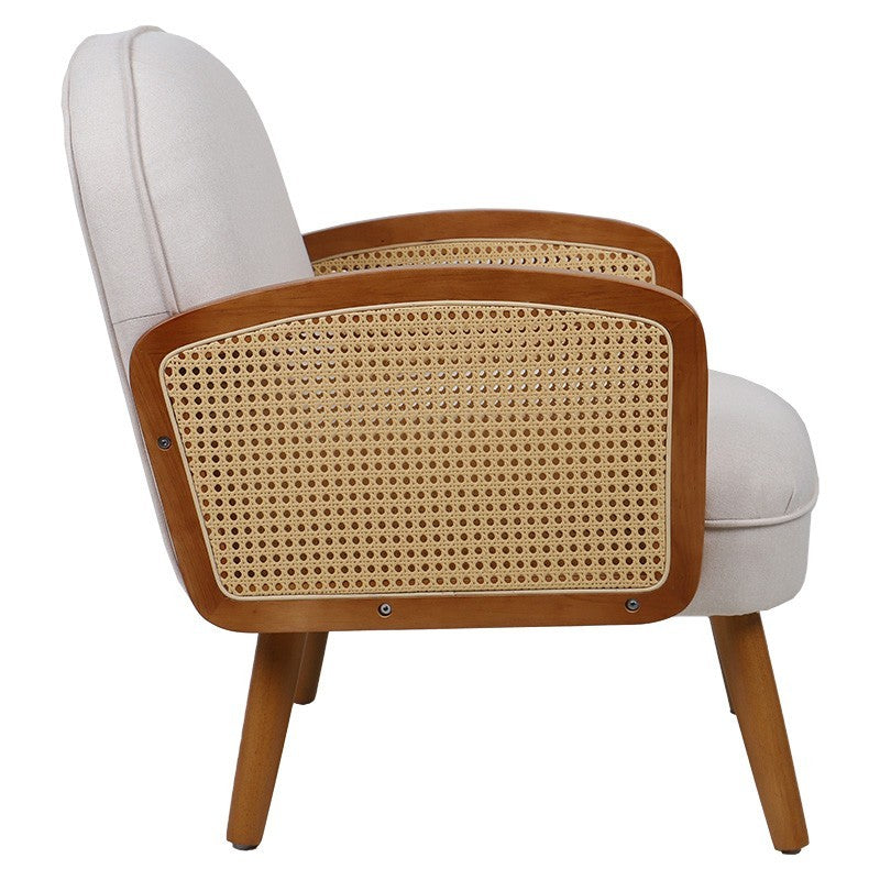 Fauteuil Ricco tissu beige-pe rotin naturel-hévéa noyer