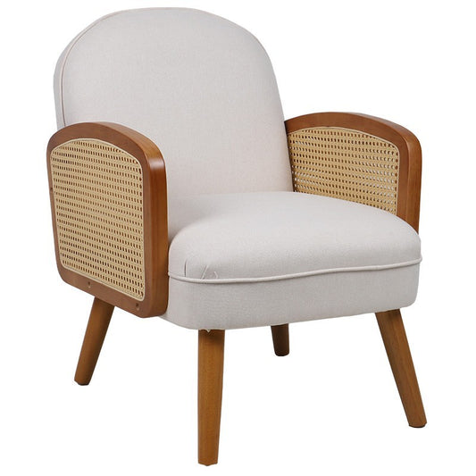 Fauteuil Ricco tissu beige-pe rotin naturel-hévéa noyer