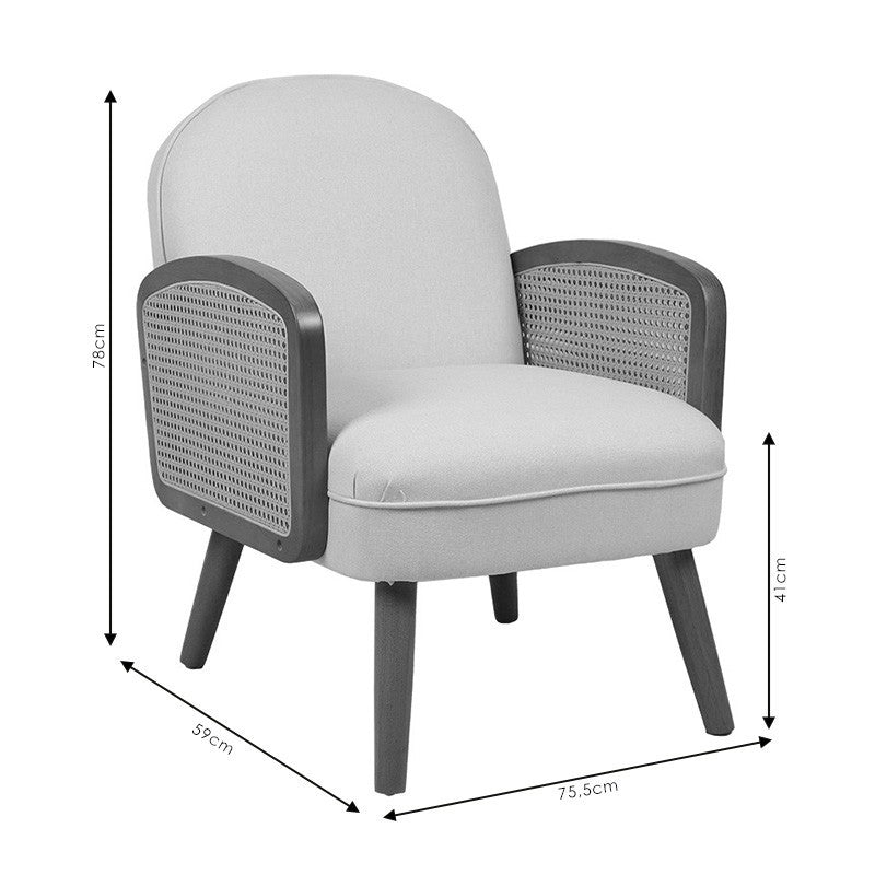 Fauteuil Ricco tissu beige-pe rotin naturel-hévéa noyer