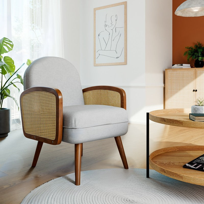 Fauteuil Ricco tissu beige-pe rotin naturel-hévéa noyer