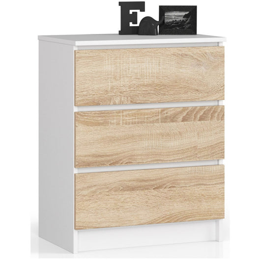 Commode 3 tiroirs blanche façade bois Chêne Sonoma 60x40x77 Cm