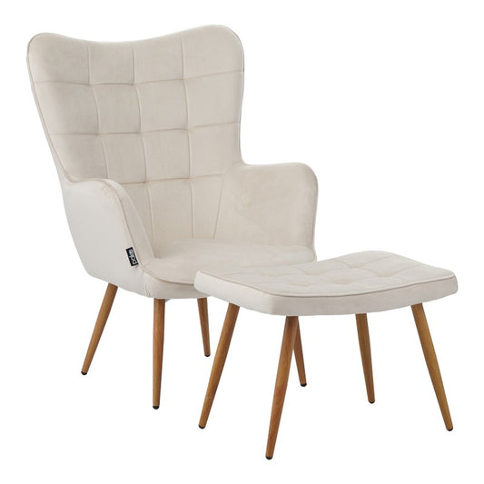 Fauteuil Maddison avec repose-pieds-coussin velours Blanc-creme 68x72x98cm