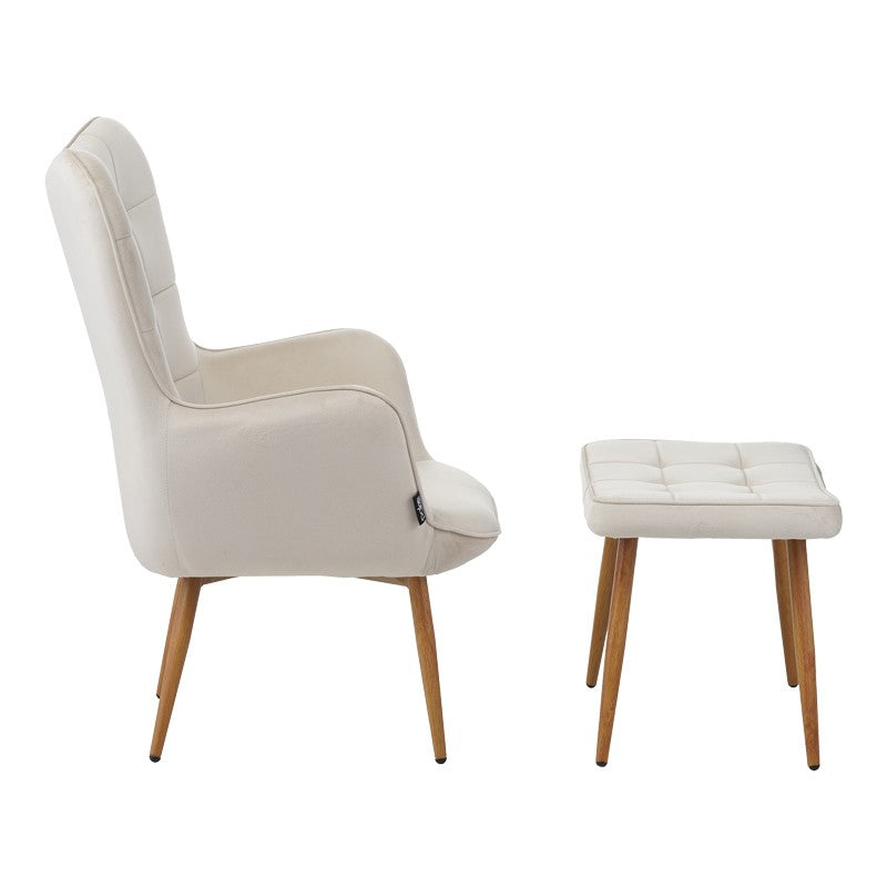 Fauteuil Maddison avec repose-pieds-coussin velours Blanc-creme 68x72x98cm