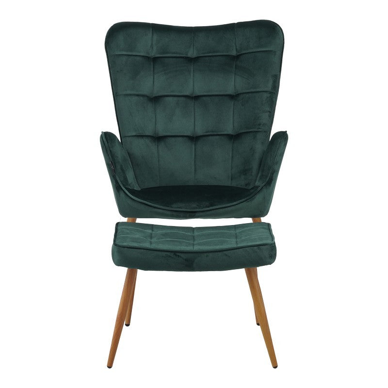 Fauteuil Maddison avec repose-pieds-coussin velours vert foncé-pied naturel 68x72x98cm