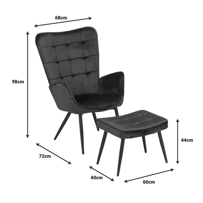 Fauteuil Maddison avec repose-pieds-coussin velours vert foncé-pied naturel 68x72x98cm