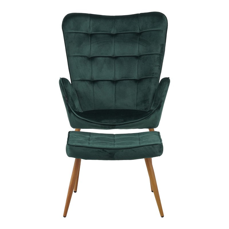 Fauteuil Maddison avec repose-pieds-coussin velours vert foncé-pied naturel 68x72x98cm