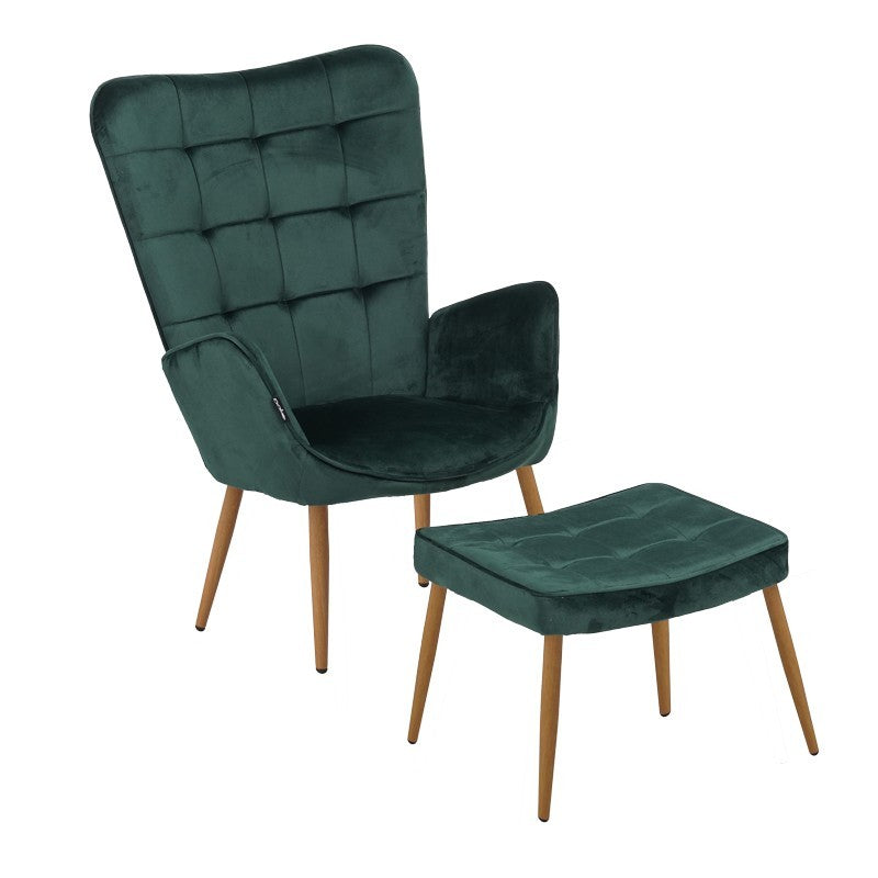 Fauteuil Maddison avec repose-pieds-coussin velours vert foncé-pied naturel 68x72x98cm