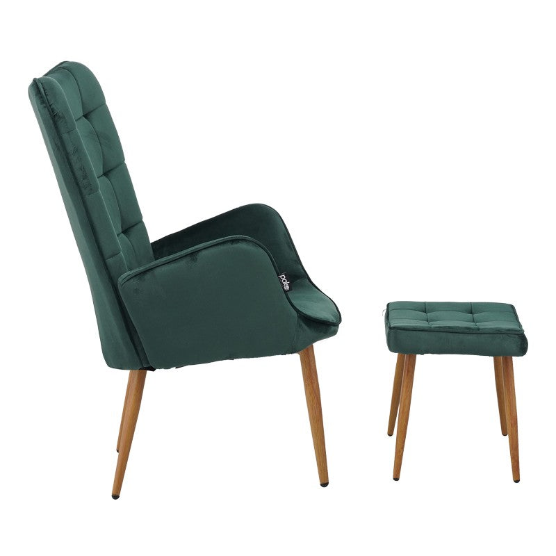 Fauteuil Maddison avec repose-pieds-coussin velours vert foncé-pied naturel 68x72x98cm