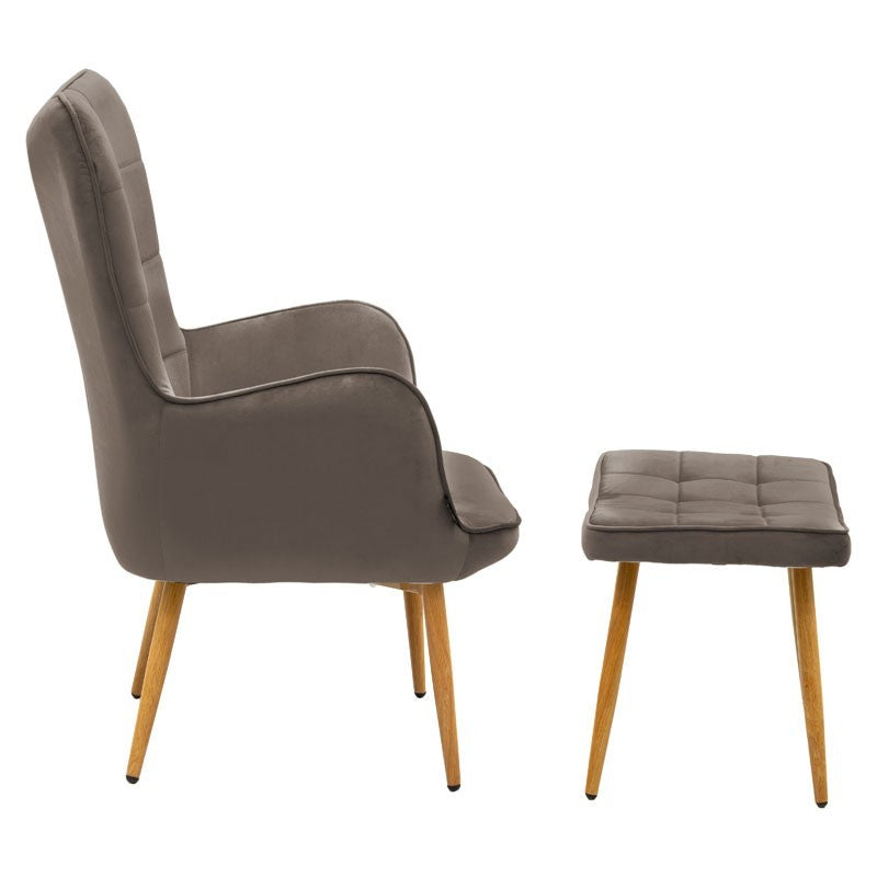 Fauteuil Maddison avec repose-pieds-coussin velours marron-naturel 68x72x98cm