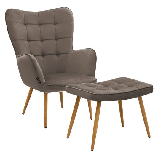 Fauteuil Maddison avec repose-pieds-coussin velours marron-naturel 68x72x98cm