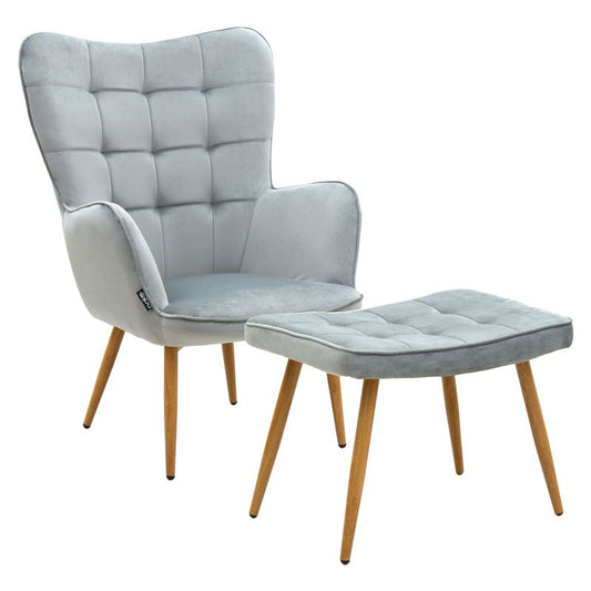 Fauteuil Maddison avec repose-pieds-coussin velours gris-naturel 68x72x98cm
