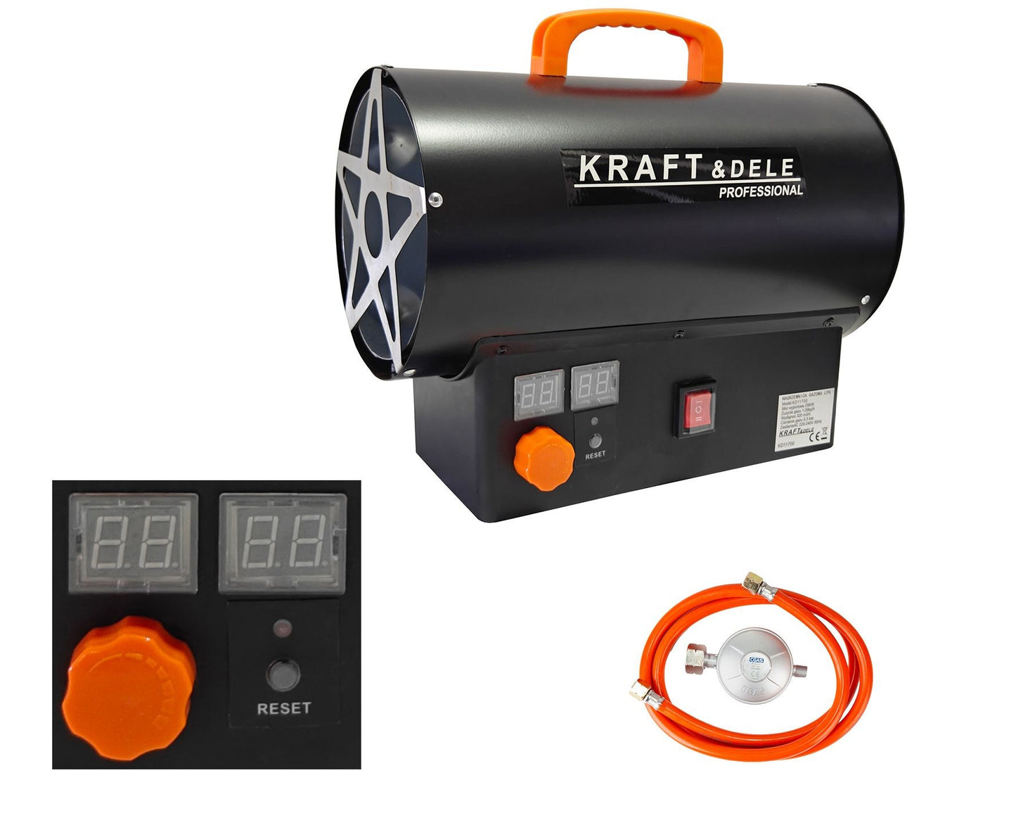 Chauffage de chantier au gaz 25 kW + Thermostat + Réducteur