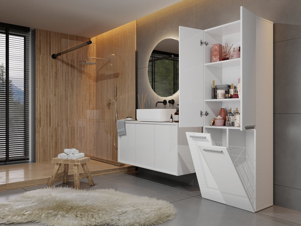 Meuble salle de bain armoire haute 174x30x60 cm bois blanc brillant