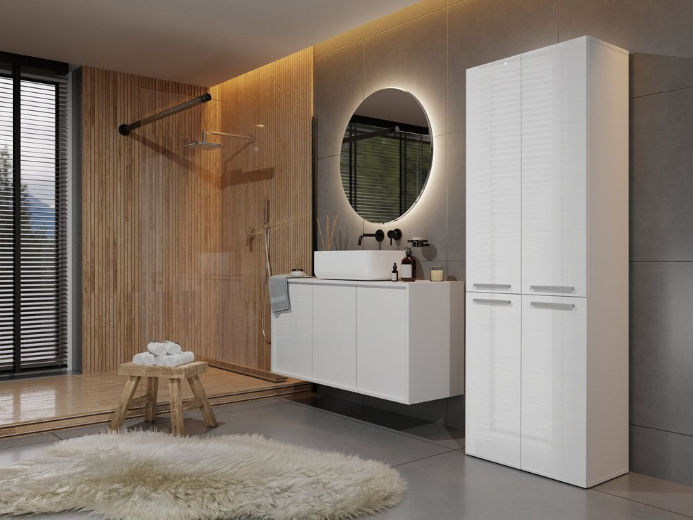 Meuble salle de bain armoire haute 174x30x60 cm bois blanc brillant