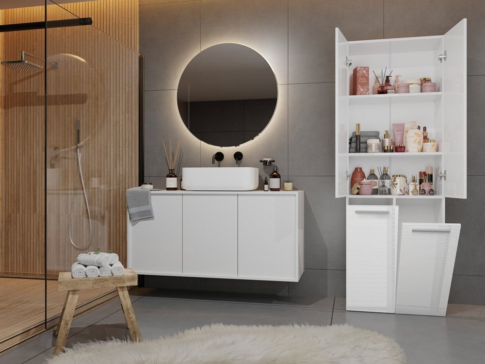 Meuble salle de bain armoire haute 174x30x60 cm bois blanc brillant